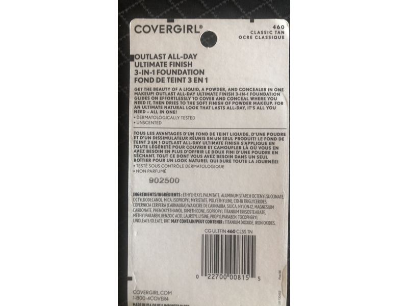 CoverGirl Outlast All-Day Ultimate Finish 3 In 1 Foundation, 460 Classic Tan, 0.4 oz/11 g.