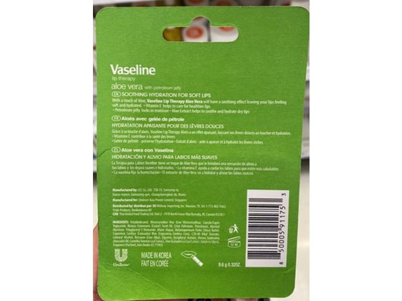Vaseline Lip Therapy, Aloe Vera, 0.32 oz/9.6 g, Pack Of 2