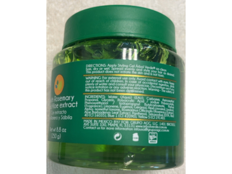Arbol Verde Hair Styling Gel, Rosemary & Aloe Extract, 8.8 oz/250 g