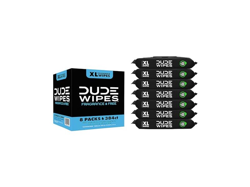 Dude Wipes Flushable Wipes, Fragrance Free Extra, Vitamin-E & Aloe, Pack Of 8, 384 Count