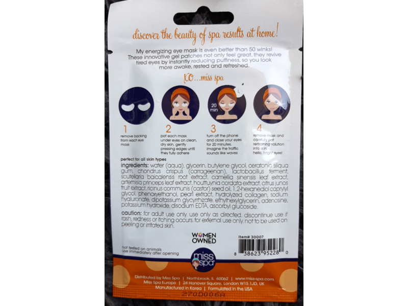 Miss Spa Energize Pre-Treated Gel Eye Mask, Paraben Free, 0.17 oz/5 g