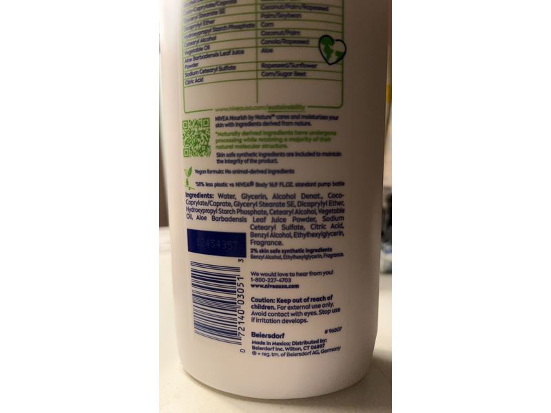 Nivea Nourish By Nature Hydrating Body Lotion, Aloe Enriched, 16.9 fl oz/500 mL