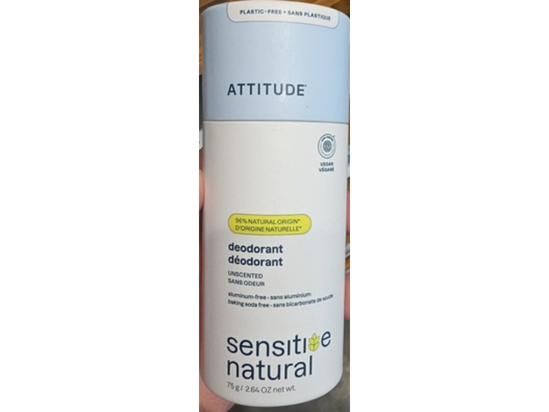 Attitude Sensitive Natural Deodorant, Unscented, 2.64 oz/75 g