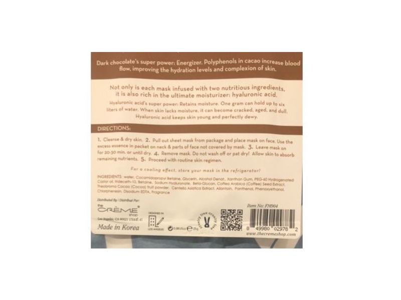 The Creme Shop Fusion Sheet Mask, 2 Masks In 1, Caffe & Mocha, 0.88 oz/25 g