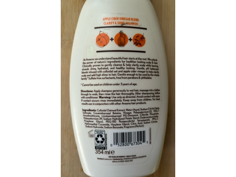 Aveeno Clarify & Shine Shampoo, Apple Cider Vinegar Blend, 12 fl oz/354 mL