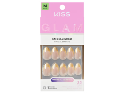 Kiss Glam Embellished Press-On Fake Nails, Medium Almond, Always Glowing, 32 Count
