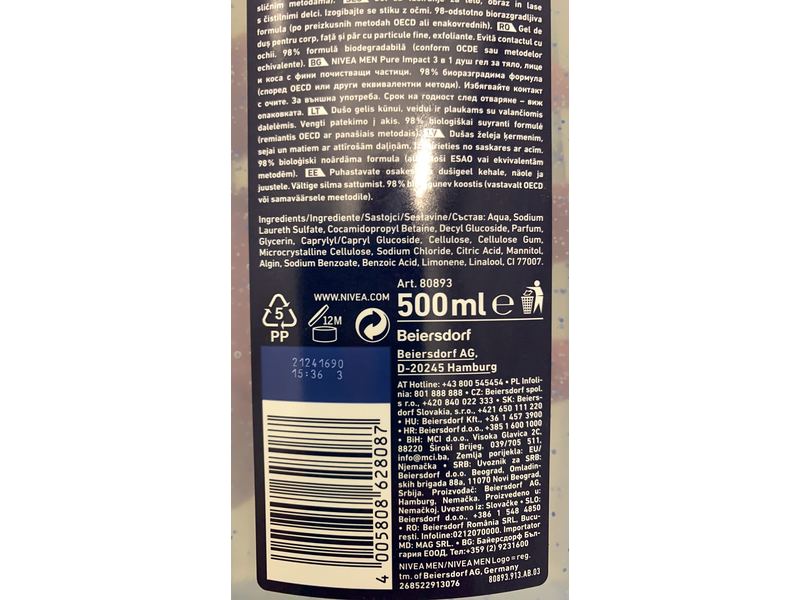 Nivea Shower Gel, Pure Impact, 500 mL