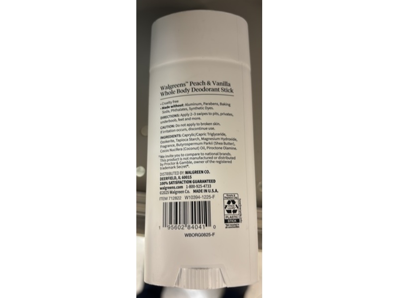 Walgreens Whole Body Deodorant Stick, Peach & Vanilla, 2.4 oz/68 g