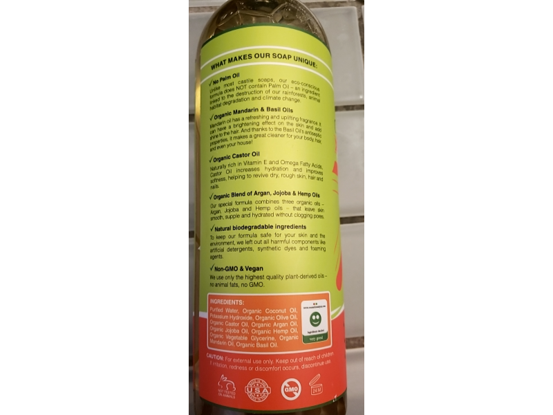 Seven Minerals Pure Castile Soap, Mandarin & Basil, 33.8 fl oz/1 L