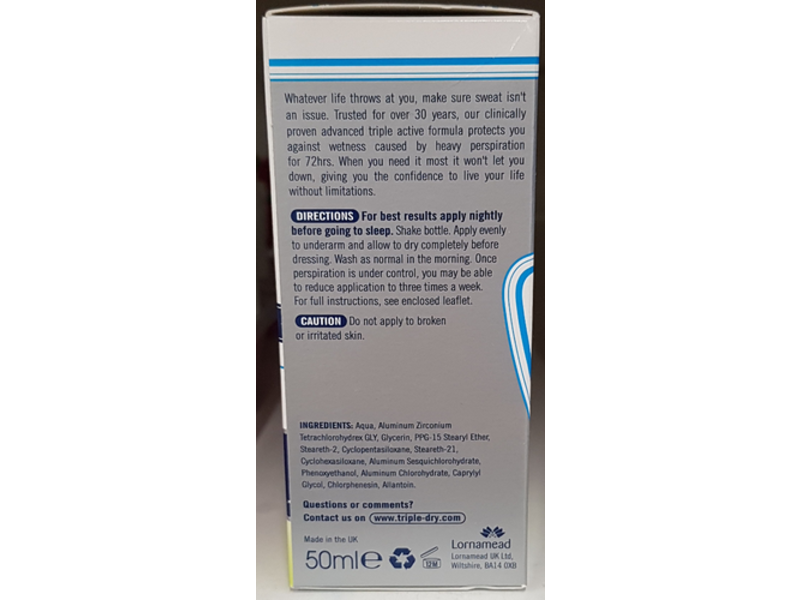 Triple Dry Unfragranced 72 Hr Sweat Protection Anti-Perspirant, Original, 50 mL