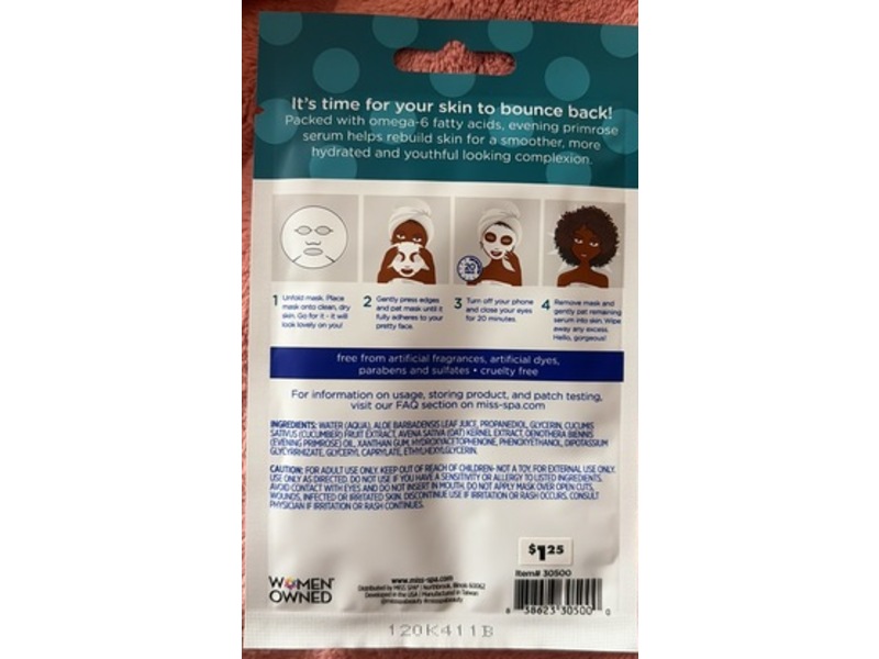 Miss Spa Nourishing Sheet Mask, Evening Primrose, 0.67 oz/19 g