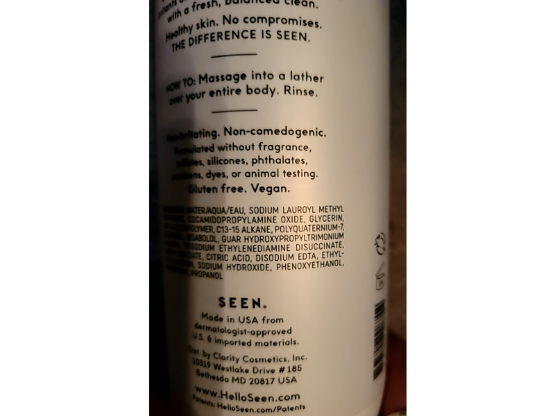 SEEN Body Wash, Fragrance Free, 33.8 fl oz/1L