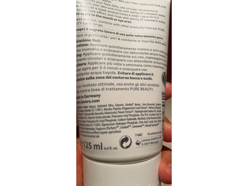 Lavera Pure Beauty 3 In 1 Wash-Scrub-Mask, Blemished & Combination Skin, 4.4 fl oz/125 mL