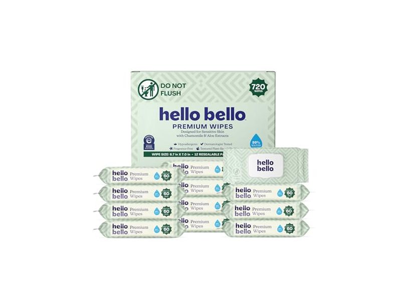 Hello Bello Premium Wipes, Simply Sage, Pack Of 12, 720 Count