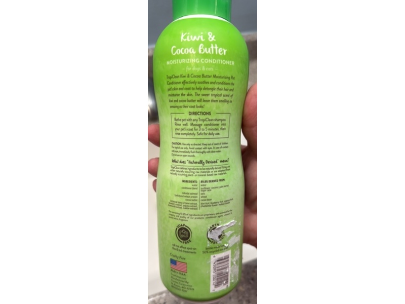 TropiClean Moisturizing Pet Conditioner, Kiwi & Cocoa Butter, 20 fl oz/592 mL