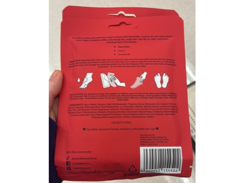 Que Bella You're Cherry Sweet Foot Mask, Cherry Scented, 1 Pair