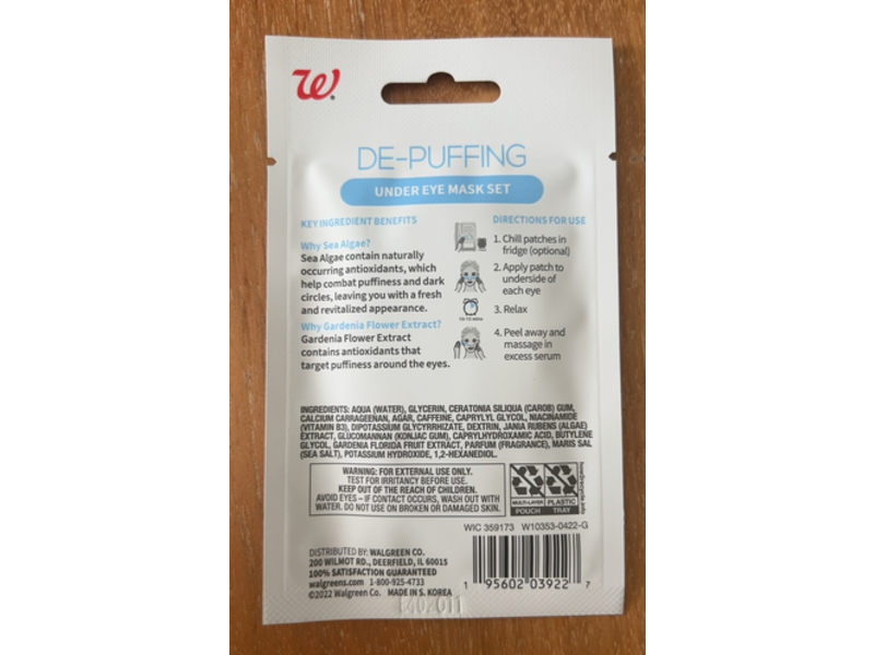 Walgreens De-Puffing Under Eye Mask Set, Sea Algae + Gardenia Flower Extract, 1 Pair