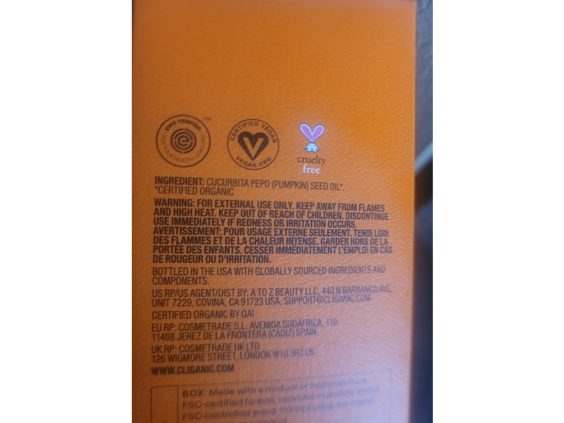 Cliganic Drop Of Radiance Organic Oil, Pumpkin Seed, 8 fl oz/237 mL