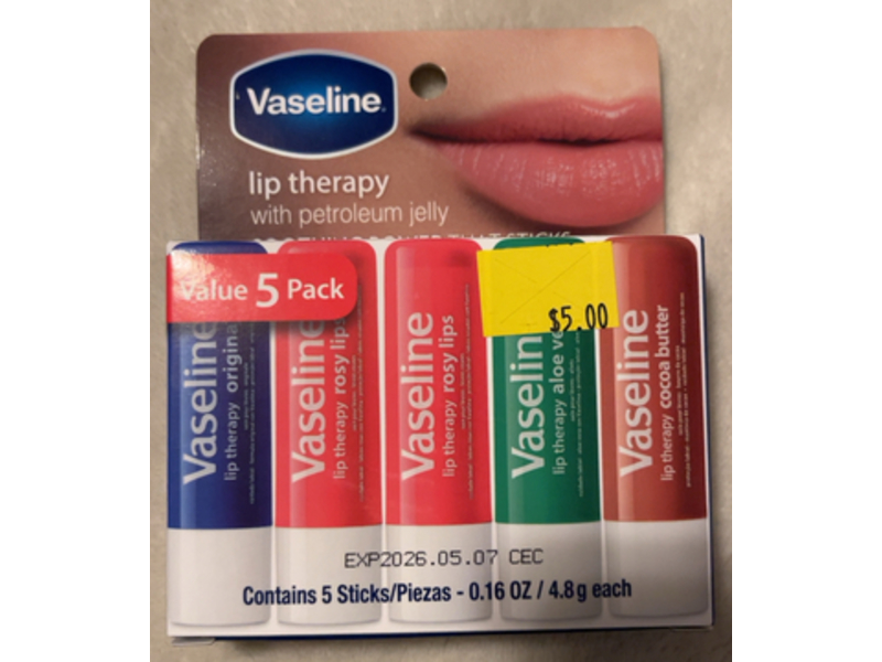 Vaseline Lip Therapy Sticks, Original, Rosy, Aloe Vera, Cocoa Butter, 0.16 oz/4.8 g, Pack Of 5