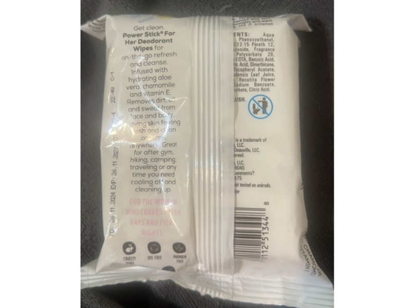 Power Stick Deodorant Wipes, Soft Floral, 30 Count