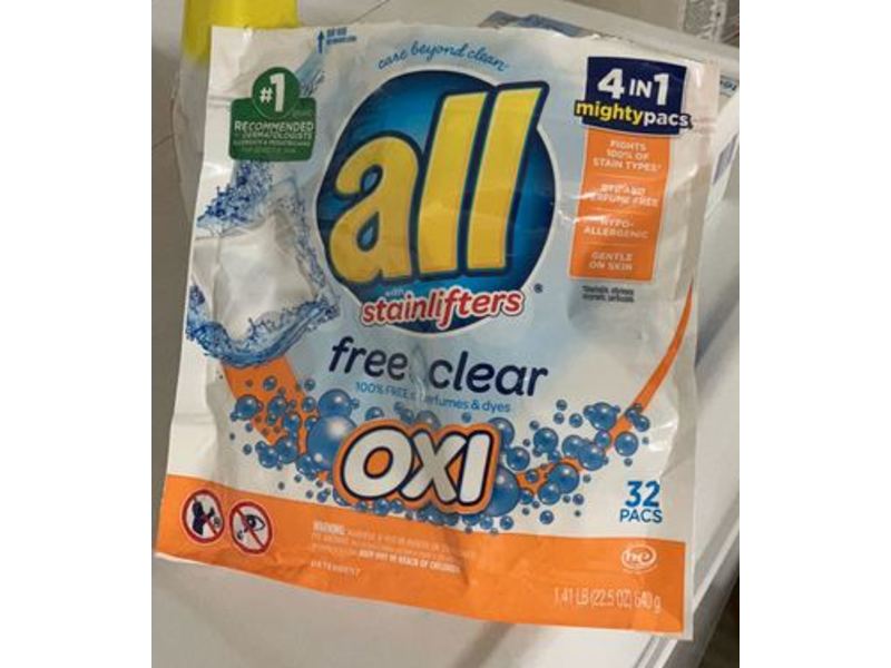 All With Stainlifters 4 In 1 Mighty Pacs Laundry Detergent, Free Clear, 22.5 oz/640 g, 32 Count