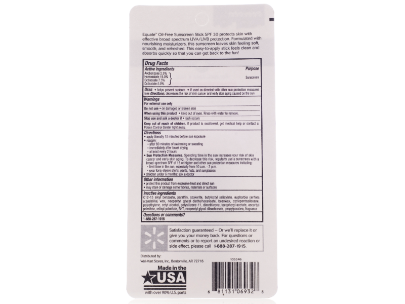 Equate Beauty Oil-Free Sunscreen Stick, Broad Spectrum SPF 30, 0.47 oz/13.3 g