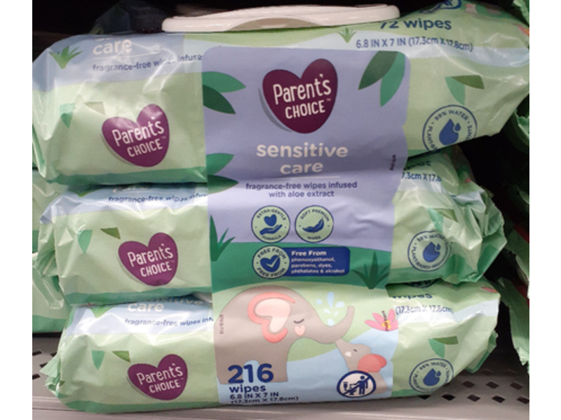 Parent's Choice Fragrance-Free Wipes, Aloe Extract, Sensitive Care, 216 Count, Pack Of 3