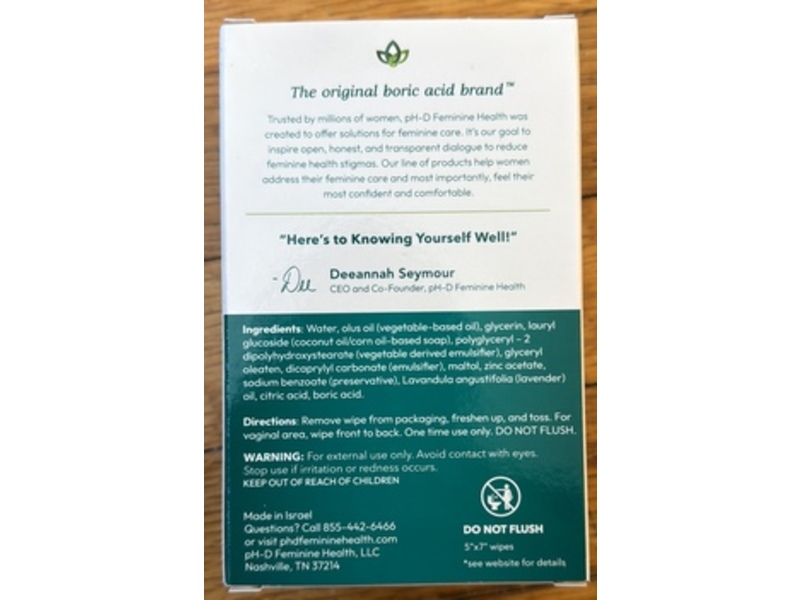 pH-D Feminine Health Support Body Wipes, Boric Acid, 20 Count