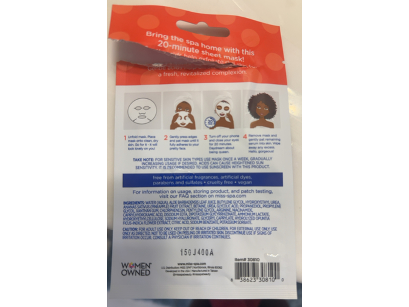 Miss Spa Exfoliating Sheet Mask, Glycolic Acid, 0.67 oz/19 g