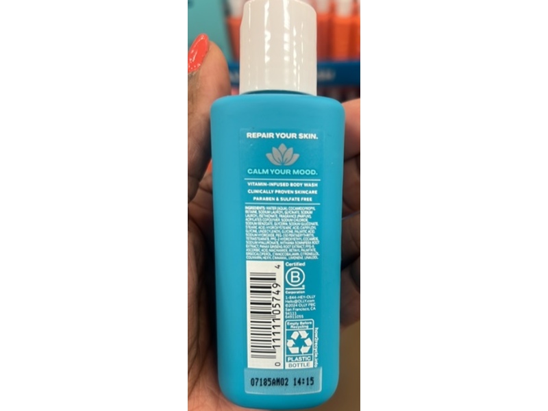 Olly Calm Mood + Skin Body Wash, Hyaluronic Acid, Adaptogens & Vitamin B3, Comforting Eucalyptus Amber, 3 fl oz/88 mL
