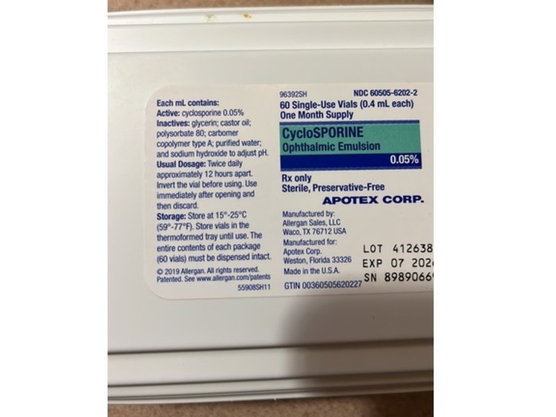 Cyclosporine Ophthalmic Emulsion 0.05%, 0.4 mL, 60 Count, Apotex (Rx)