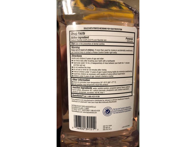 Topcare Anticavity Mouthwash, Fresh Mint, 33.8 fl oz/1 L