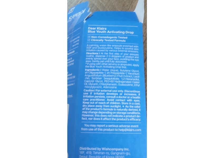 Dear Klairs EGF Blue Youth Activating Drop, Guaiazulene + Adenosine + EGF, 0.33 fl oz/10 mL