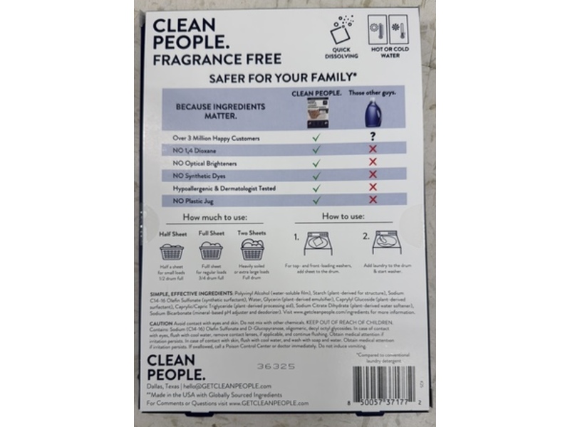 Clean People Laundry Detergent Sheets, Fragrance Free, 48 Loads, 2.54 oz/72 g, 24 Sheets