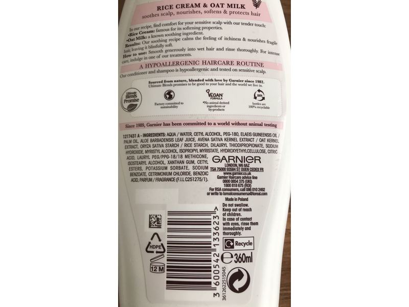 Garnier Ultimate Blends Soothing Conditioner, Hypoallergenic, Delicate Oat, 360 mL