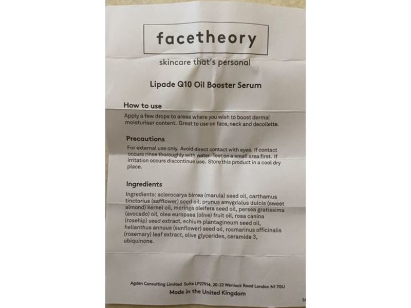 Facetheory Lipade Q10 Oil Booster Serum, Sensitive Skin, 30 mL