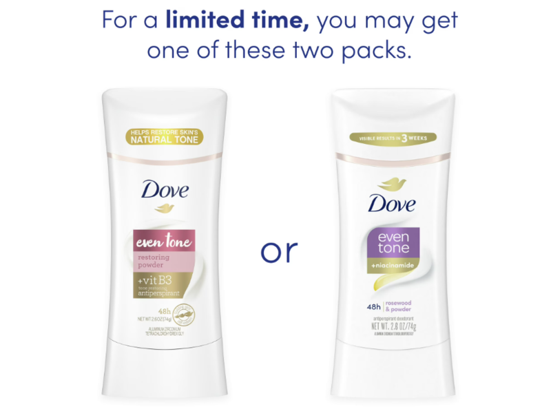 Dove Even Tone Antiperspirant Deodorant, Restoring Powder + Vit B3, 2.6 oz/74 g, Pack Of 3