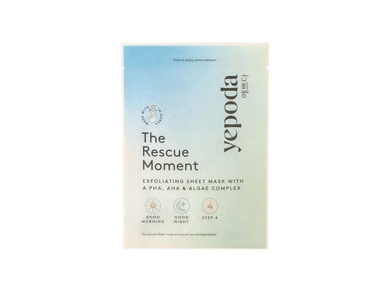 Yepoda The Rescue Moment Exfoliating Sheet Mask, PHA & AHA, 0.88 oz/25 g