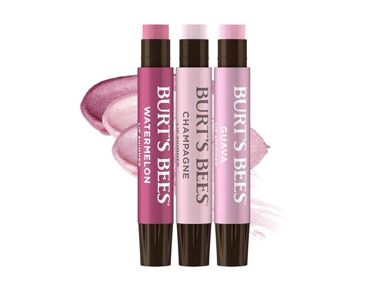Burt's Bees Lip Shimmer Pink Collection, Watermelon, Champagne, Guava, 0.09 oz/2.55 g