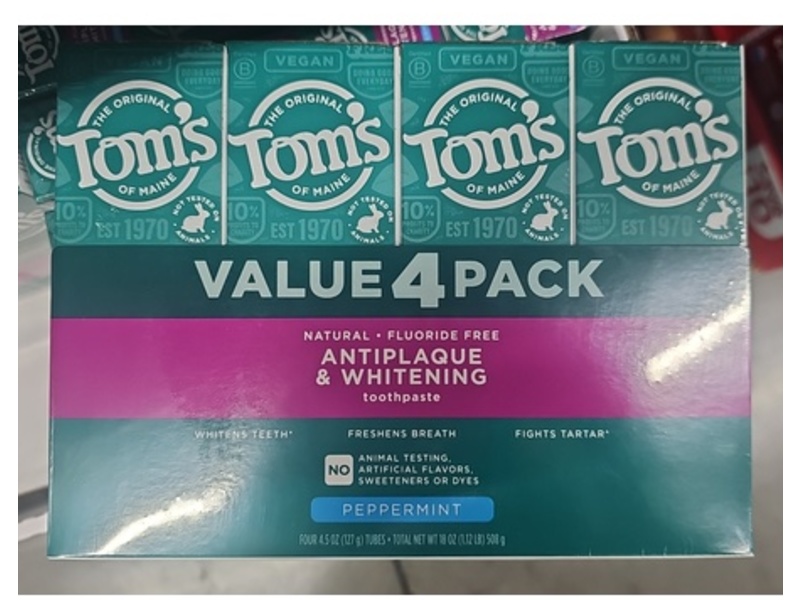 Tom's Of Maine Antiplaque & Whitening Toothpaste, Peppermint, 4.5 oz/127 g, Pack Of 4