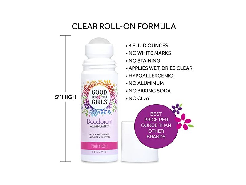 Good For You Girls Aluminum Free Natural Deodorant Roll-On Kids, Teens, Tween, Vegan (Powder Scent) (1)