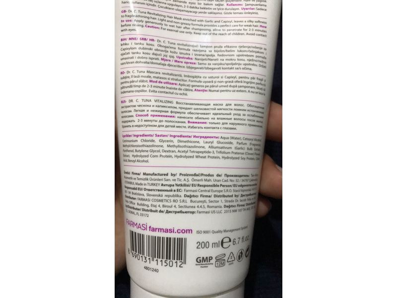 Farmasi Dr. C Tuna Revitalizing Hair Mask, Garlic & Capixyl, 6.7 fl oz/200 ml