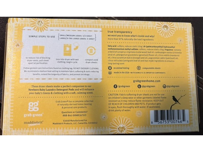 Grab Green New Born Baby Dryer Sheet, Calming Chamomile, 40 Count