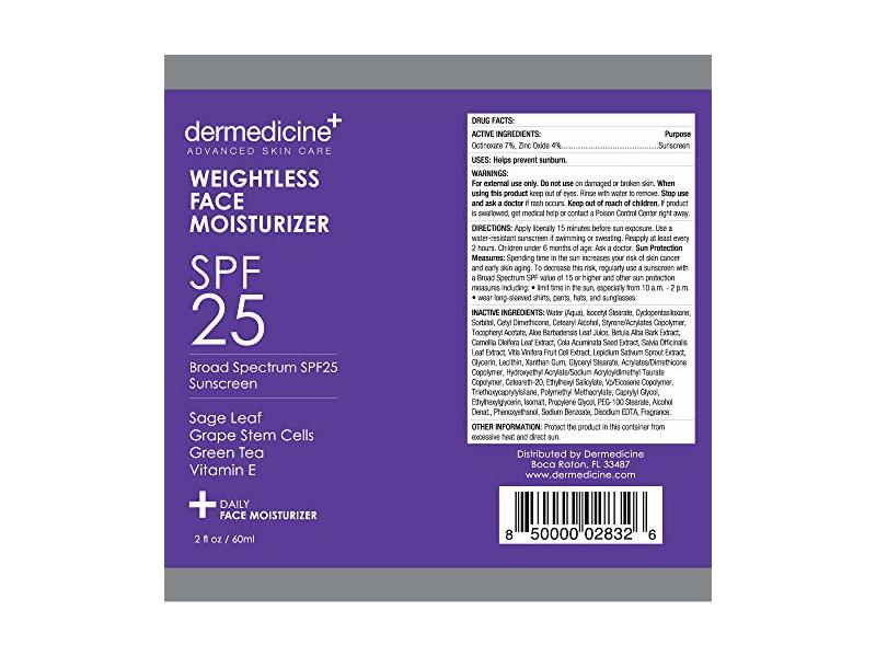 Weightless Daily Face Moisturizer Zinc Oxide Sunscreen with Broad Spectrum SPF 25 NET WT 2 oz / 60 g
