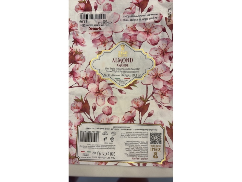 Zeni Fine Triple Milled Vegetable Soap Bar, Almond, 9.1 oz/260 g