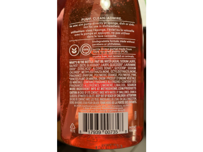 Method Liquid Dish Soap, Clementine, Grease Cutting Powder, 18 fl oz/532 mL