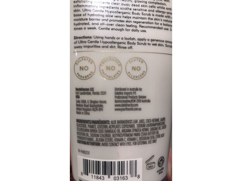 Theorie Hypoallergenic Body Scrub, Ultra Gentle, 8 fl oz/237 mL