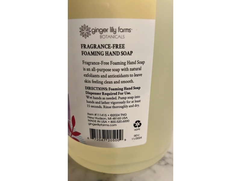 Ginger Lily Farms Botanicals Foaming Hand Soap, Fragrance-Free, 128 fl oz/3.78 L