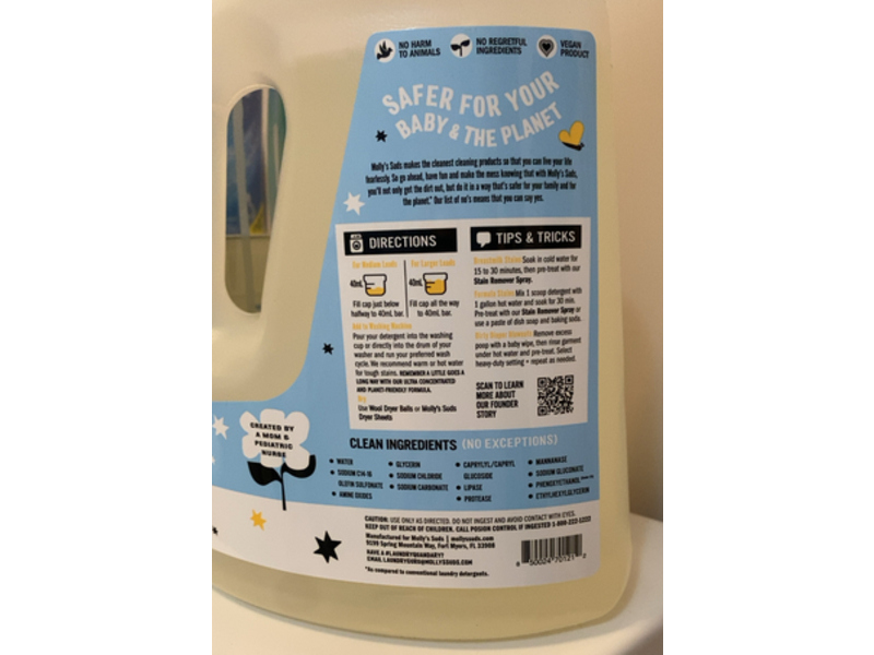 Molly's Suds Baby Liquid Laundry Detergent, Fragrance Free, 100 Loads, 52 fl oz