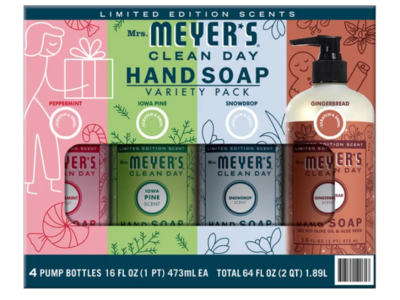 Mrs.Meyer's Clean Day Hand Soap Set, Peppermint + Iowa Pine + Snow Drop & Gingerbread, 16 fl oz/473 mL, 4 Count